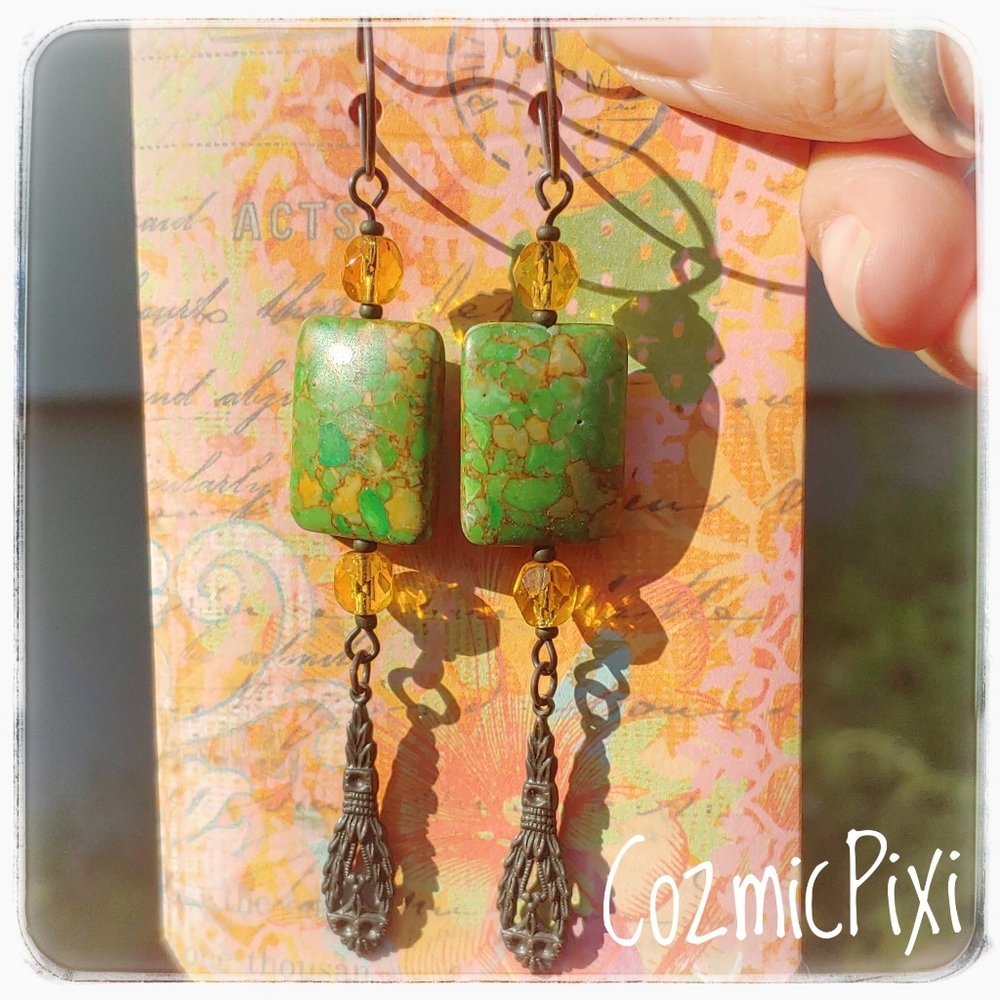 Boho-Chic Handmade Jasper & Brass Dangle Earrings